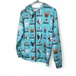I Love Frenchies Zip Up Hoodie Light Blue French Bulldog Print